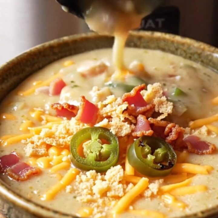 Creamy jalapeno popper chicken soup in a bowl topped with bacon and crackers.