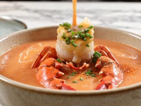 A creamy coral-pink lobster bisque in a white porcelain bowl, topped with a lobster claw and chives.