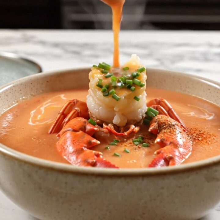 A creamy coral-pink lobster bisque in a white porcelain bowl, topped with a lobster claw and chives.