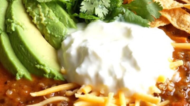 A warm stoneware bowl filled with smoky sweet potato and black bean chili topped with avocado and cilantro.