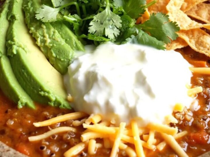 A warm stoneware bowl filled with smoky sweet potato and black bean chili topped with avocado and cilantro.