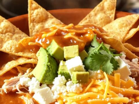 A warm clay bowl filled with creamy red chicken enchilada soup topped with avocado, tortilla strips, and fresh cilantro.