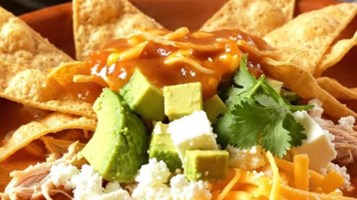 A warm clay bowl filled with creamy red chicken enchilada soup topped with avocado, tortilla strips, and fresh cilantro.