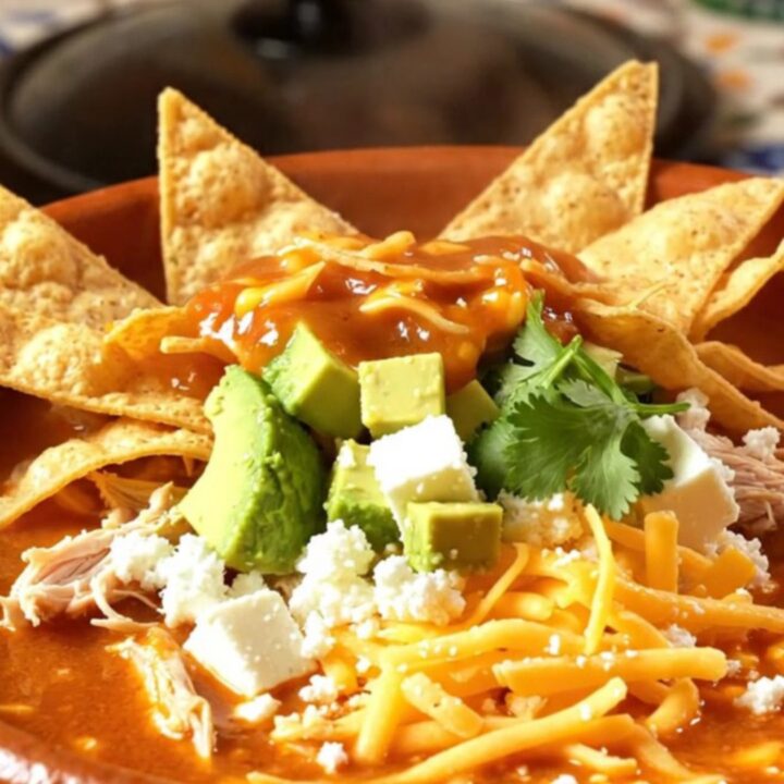 A warm clay bowl filled with creamy red chicken enchilada soup topped with avocado, tortilla strips, and fresh cilantro.