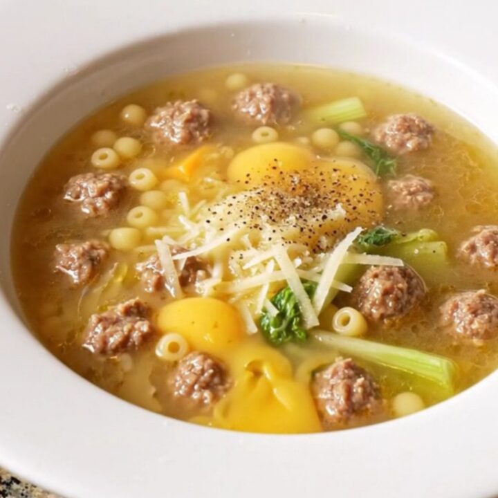 A wide rimmed bowl filled with Italian wedding soup featuring mini meatballs, pearl pasta, and escarole.