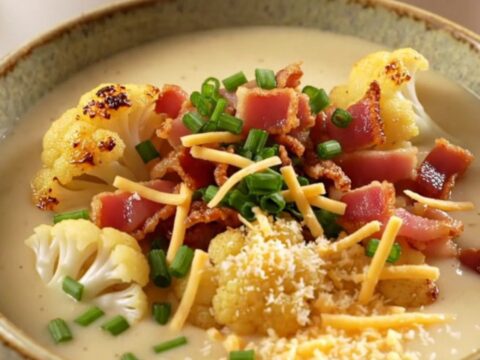 A warm ceramic bowl filled with velvety white cauliflower soup topped with crispy bacon and chives.