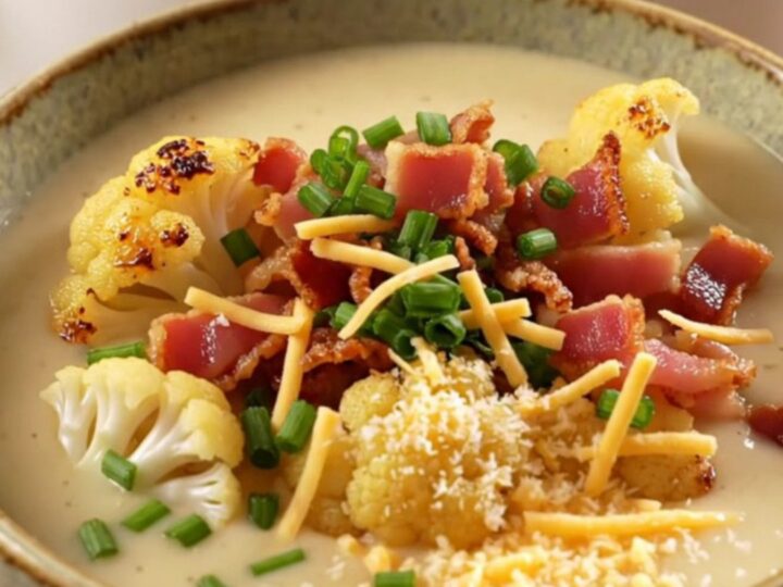 A warm ceramic bowl filled with velvety white cauliflower soup topped with crispy bacon and chives.
