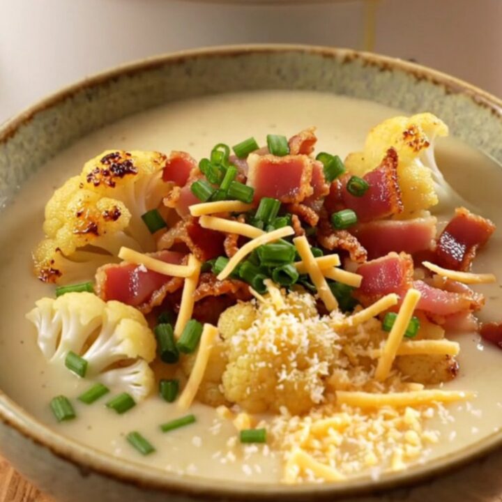 A warm ceramic bowl filled with velvety white cauliflower soup topped with crispy bacon and chives.