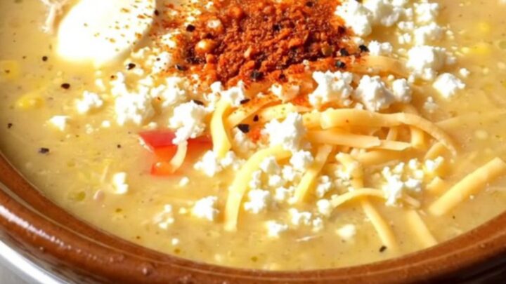 A bowl of creamy golden chicken chowder topped with cotija cheese, cilantro, and a lime wedge.