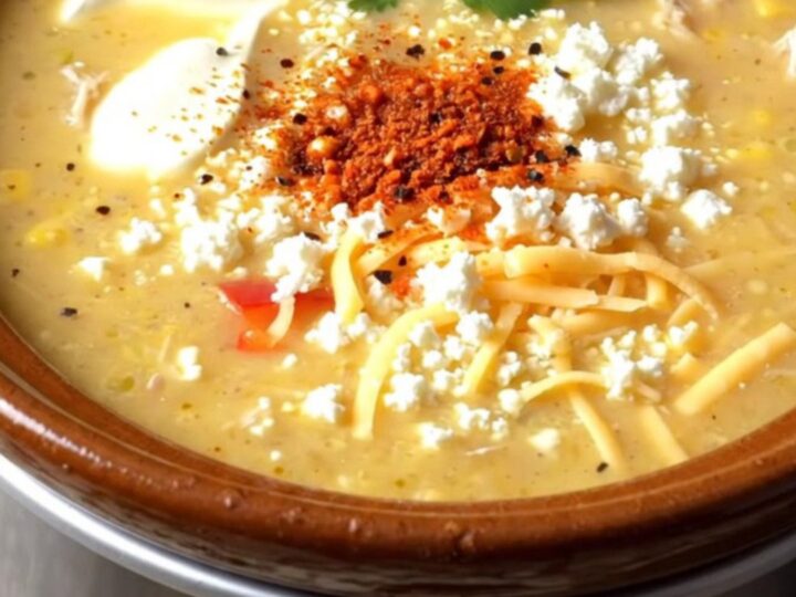 A bowl of creamy golden chicken chowder topped with cotija cheese, cilantro, and a lime wedge.
