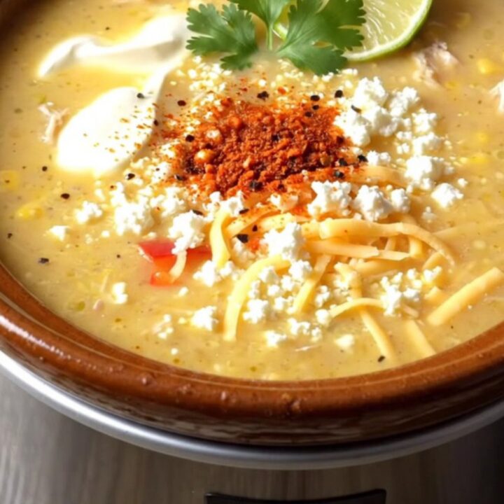 A bowl of creamy golden chicken chowder topped with cotija cheese, cilantro, and a lime wedge.