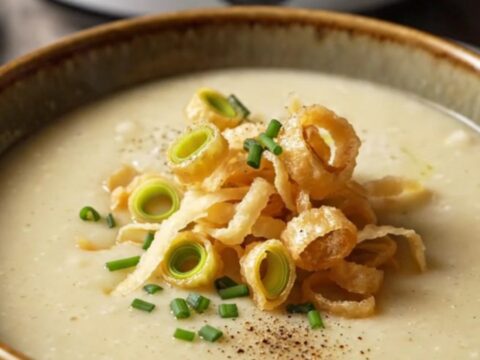 A warm bowl of creamy potato leek soup topped with crispy leeks, chives, and melted Gruyere cheese on a marble surface.