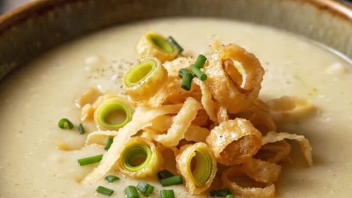A warm bowl of creamy potato leek soup topped with crispy leeks, chives, and melted Gruyere cheese on a marble surface.