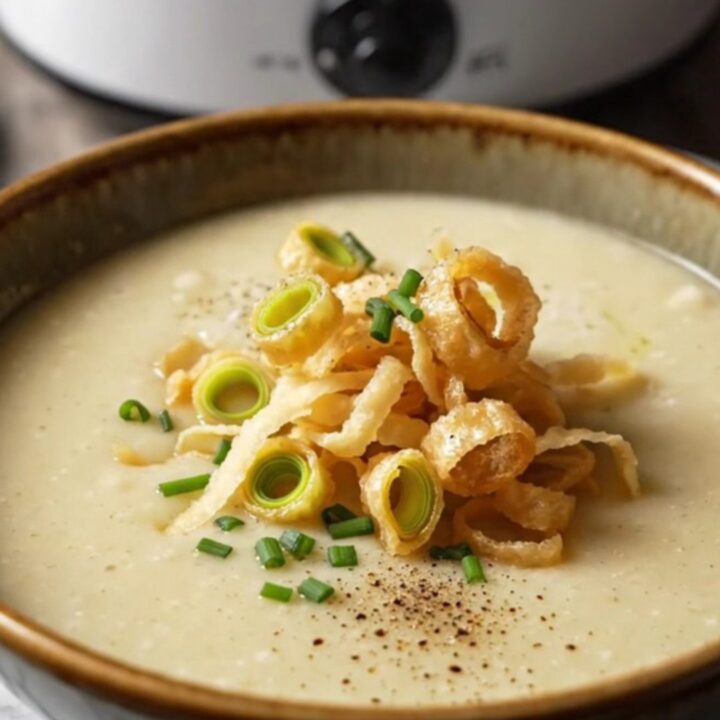 A warm bowl of creamy potato leek soup topped with crispy leeks, chives, and melted Gruyere cheese on a marble surface.