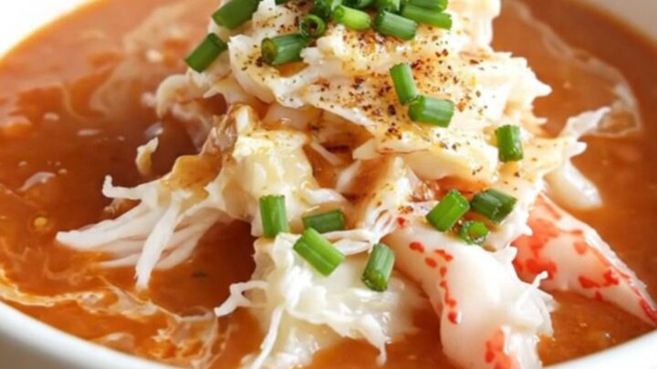 A warm, creamy roasted red pepper bisque served in a white porcelain bowl, topped with jumbo lump crab and chives.