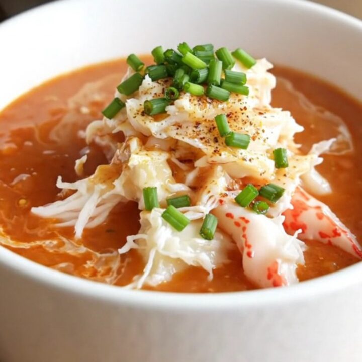 A warm, creamy roasted red pepper bisque served in a white porcelain bowl, topped with jumbo lump crab and chives.