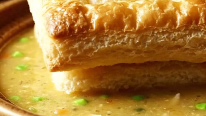 A warm stoneware bowl filled with creamy chicken pot pie soup, topped with a single golden