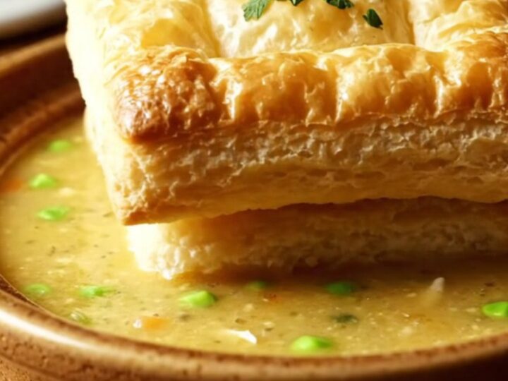 A warm stoneware bowl filled with creamy chicken pot pie soup, topped with a single golden