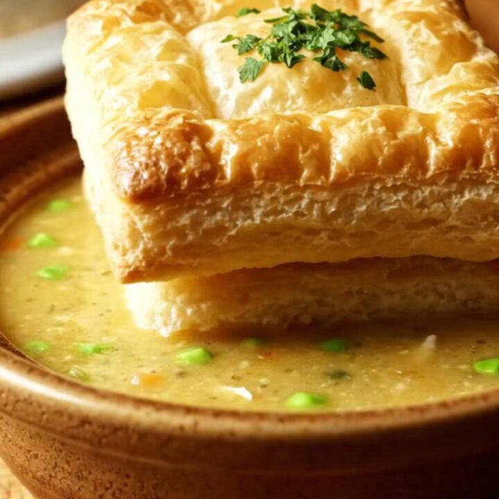 A warm stoneware bowl filled with creamy chicken pot pie soup, topped with a single golden
