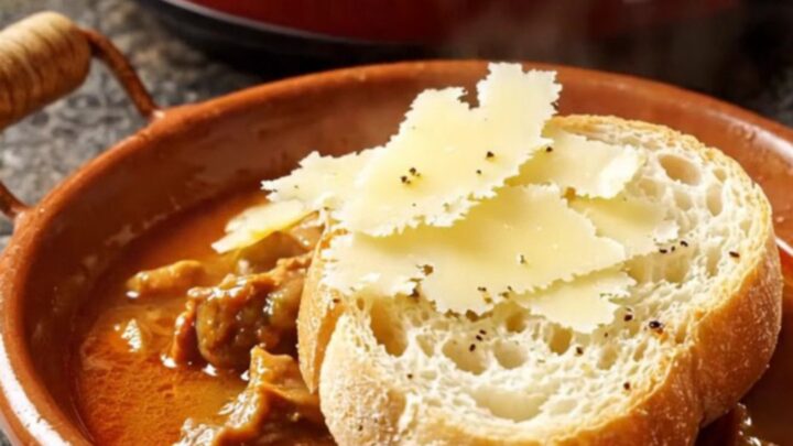 A rustic terracotta cazuela bowl filled with smoky chorizo and chickpea stew topped with Manchego cheese.