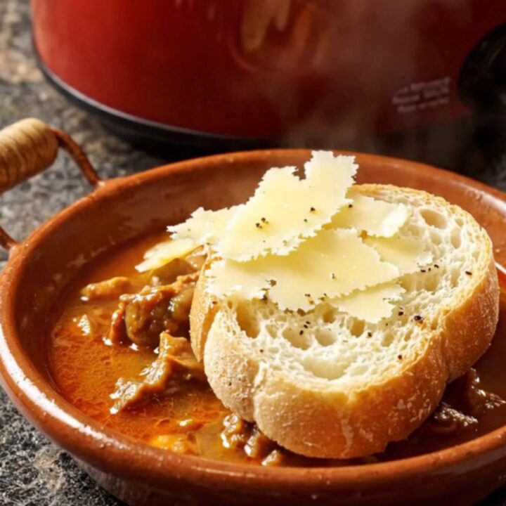 A rustic terracotta cazuela bowl filled with smoky chorizo and chickpea stew topped with Manchego cheese.