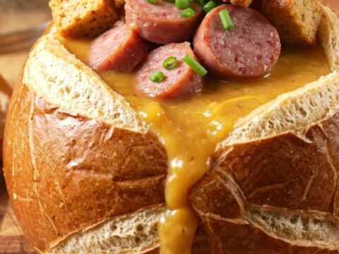 A close-up of a ladle lifting thick, molten beer cheese soup with bratwurst coins and melted cheese.