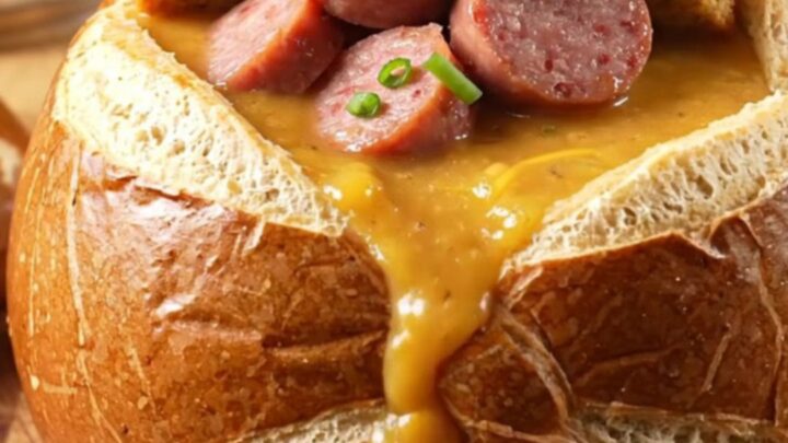 A close-up of a ladle lifting thick, molten beer cheese soup with bratwurst coins and melted cheese.