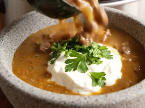 A close-up of a ladle lifting creamy mahogany beef stroganoff soup from a stainless steel slow cooker.