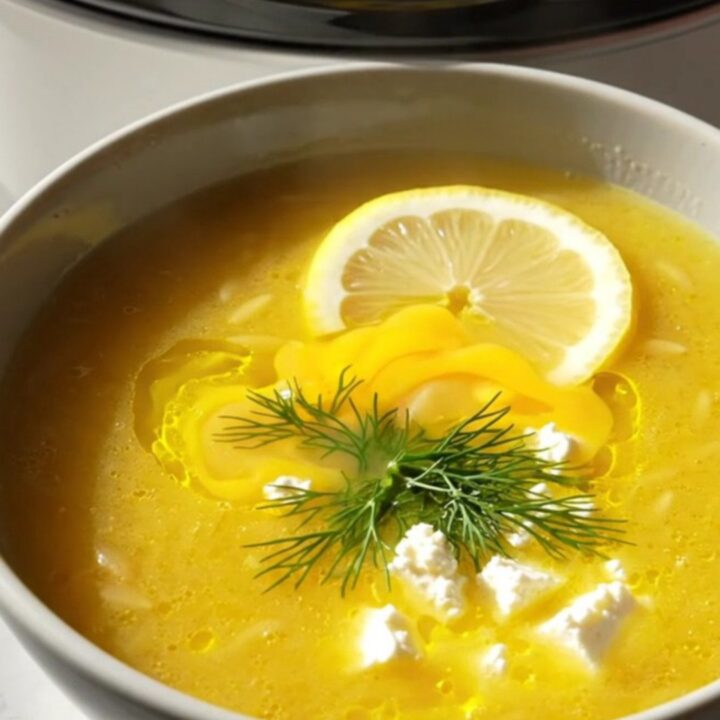 A steaming bowl of creamy Greek lemon chicken orzo soup garnished with fresh dill, feta, and a lemon slice.
