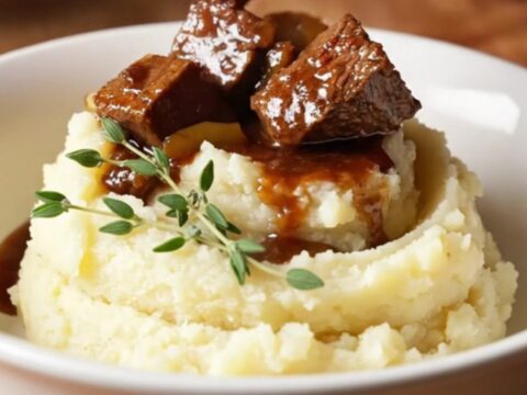 A warm, rustic bowl of beef bourguignon served over creamy mashed potatoes, garnished with fresh thyme.
