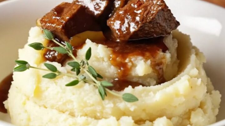 A warm, rustic bowl of beef bourguignon served over creamy mashed potatoes, garnished with fresh thyme.