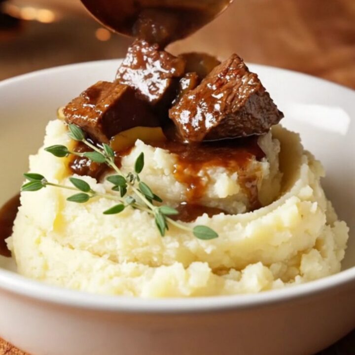A warm, rustic bowl of beef bourguignon served over creamy mashed potatoes, garnished with fresh thyme.