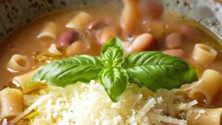 A warm bowl of creamy Italian sausage pasta fagioli topped with fresh basil and Parmesan cheese.