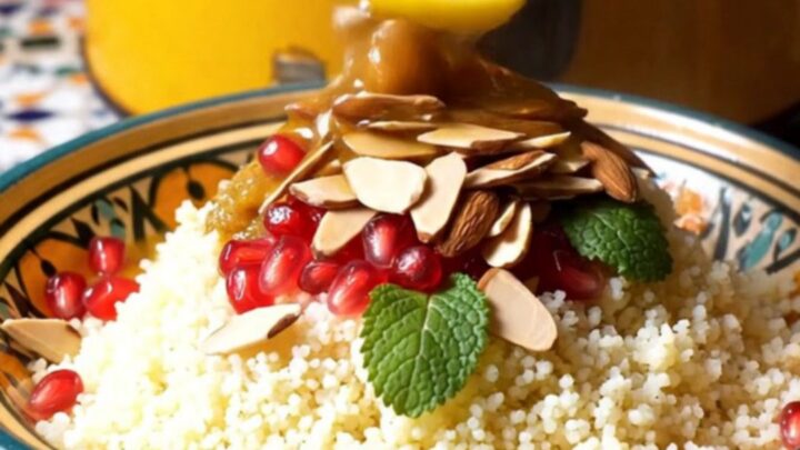 A rustic ceramic bowl filled with Moroccan lamb and chickpea stew, garnished with fresh mint, almonds, and pomegranate seeds.