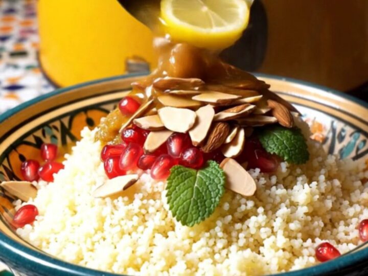 A rustic ceramic bowl filled with Moroccan lamb and chickpea stew, garnished with fresh mint, almonds, and pomegranate seeds.