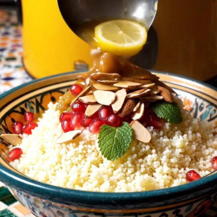A rustic ceramic bowl filled with Moroccan lamb and chickpea stew, garnished with fresh mint, almonds, and pomegranate seeds.