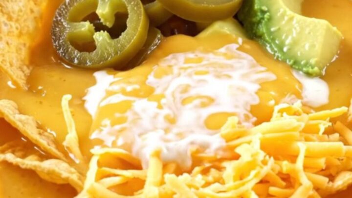 A warm ceramic crockpot filled with creamy nacho beef soup, topped with tortilla chips, avocado, and pickled jalapeños.