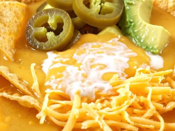 A warm ceramic crockpot filled with creamy nacho beef soup, topped with tortilla chips, avocado, and pickled jalapeños.