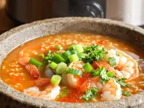 A steaming bowl of Creole jambalaya soup filled with shrimp, chicken, and sausage, garnished with green onions.