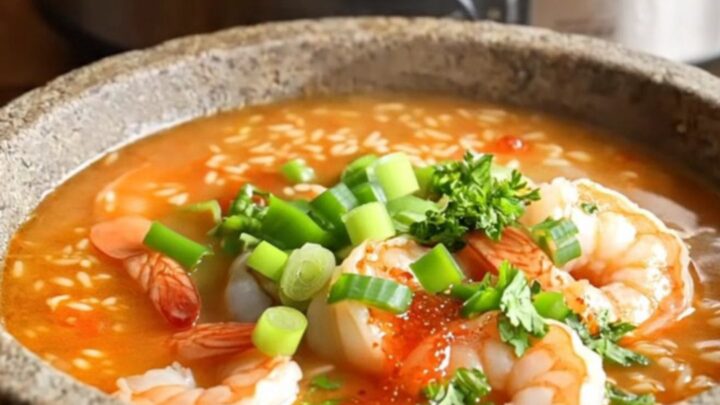 A steaming bowl of Creole jambalaya soup filled with shrimp, chicken, and sausage, garnished with green onions.