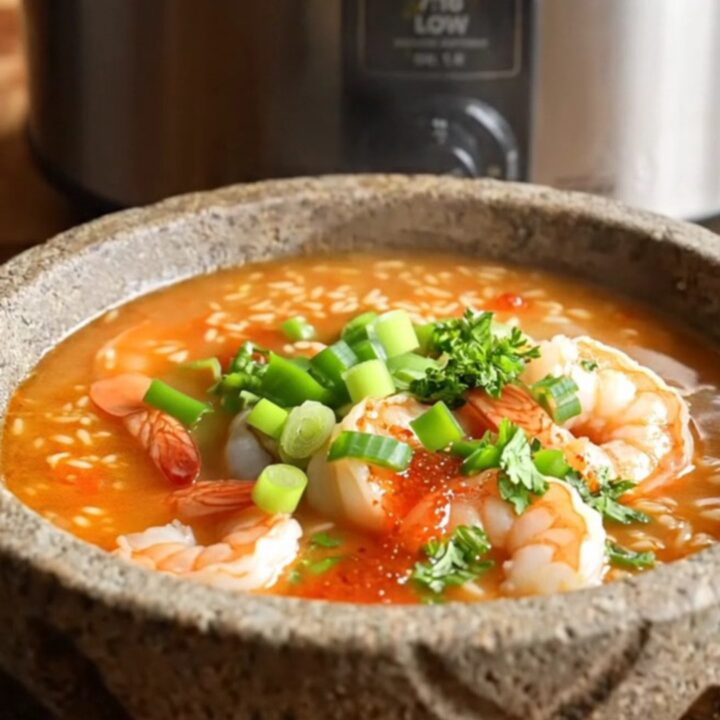 A steaming bowl of Creole jambalaya soup filled with shrimp, chicken, and sausage, garnished with green onions.