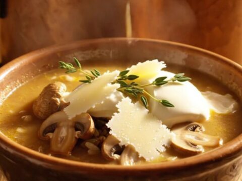 A warm bowl of creamy chicken Marsala soup topped with sautéed mushrooms and fresh thyme in a rustic kitchen setting.
