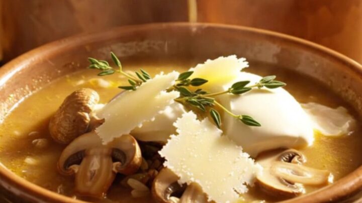 A warm bowl of creamy chicken Marsala soup topped with sautéed mushrooms and fresh thyme in a rustic kitchen setting.