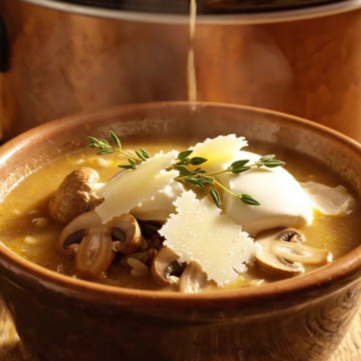 A warm bowl of creamy chicken Marsala soup topped with sautéed mushrooms and fresh thyme in a rustic kitchen setting.