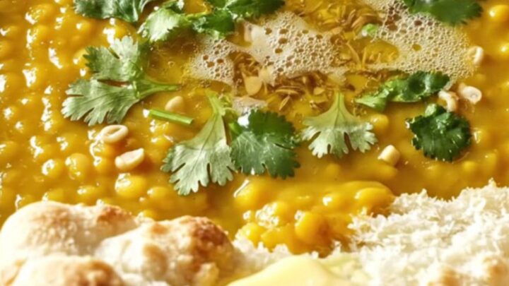 A golden, velvety red lentil dal served in a ceramic bowl, topped with cilantro and cumin-infused ghee.