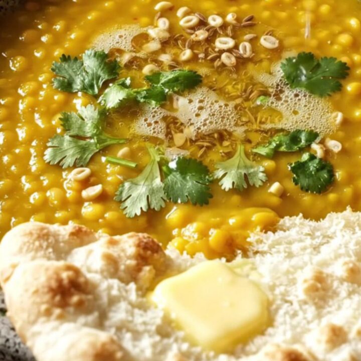 A golden, velvety red lentil dal served in a ceramic bowl, topped with cilantro and cumin-infused ghee.