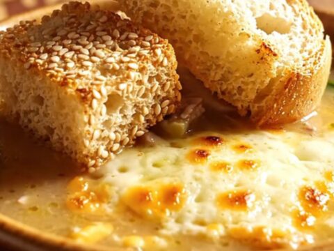 A bowl of creamy roast pork soup with broccoli rabe and melted provolone, topped with toasted croutons.