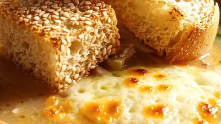 A bowl of creamy roast pork soup with broccoli rabe and melted provolone, topped with toasted croutons.