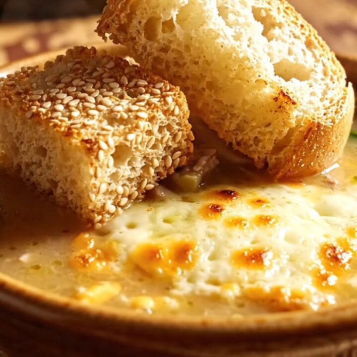A bowl of creamy roast pork soup with broccoli rabe and melted provolone, topped with toasted croutons.