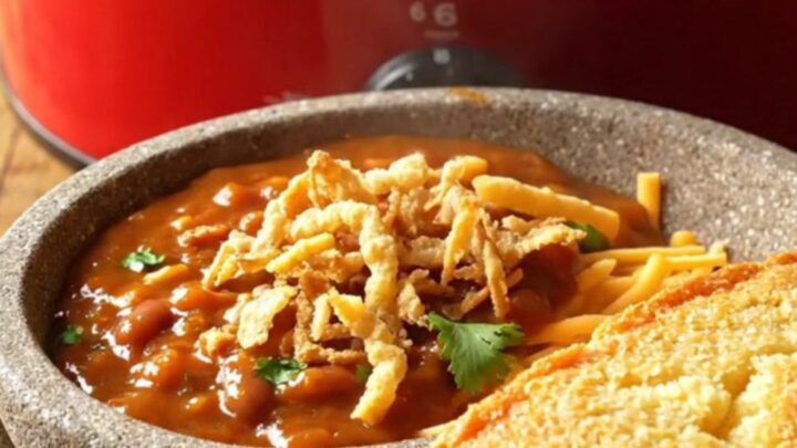 A close-up shot of a deep red ceramic slow cooker filled with glossy, sweet-heat BBQ chicken chili with melted cheese.